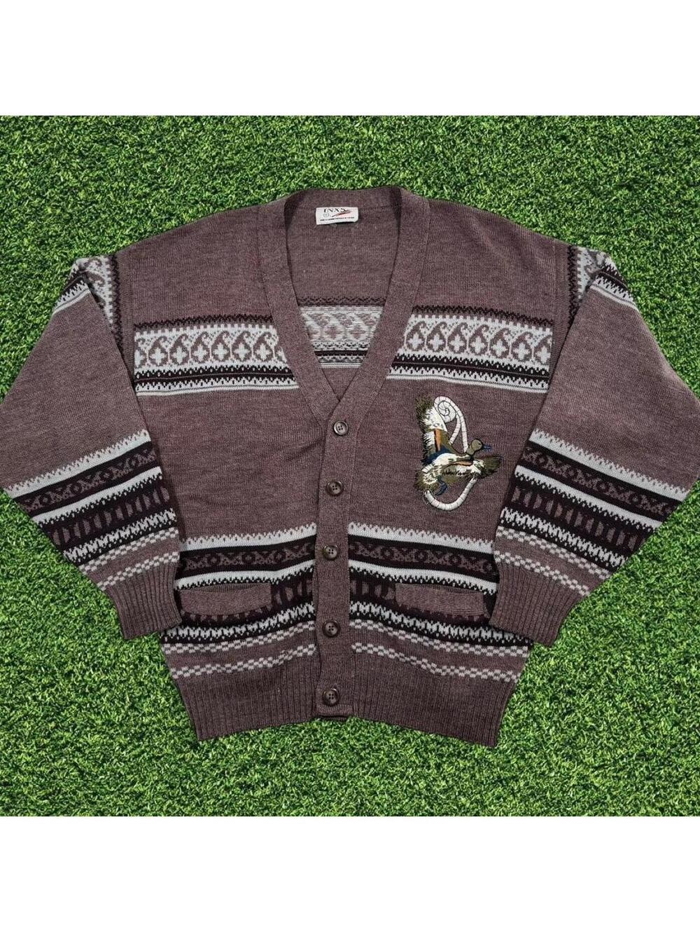 Vintage 90s Made in Canada Aztec Bird Cardigan Sweater Size M